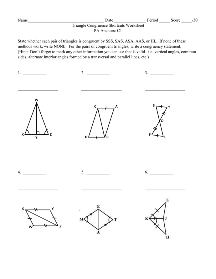 Triangle Congruence Shortcuts Worksheet