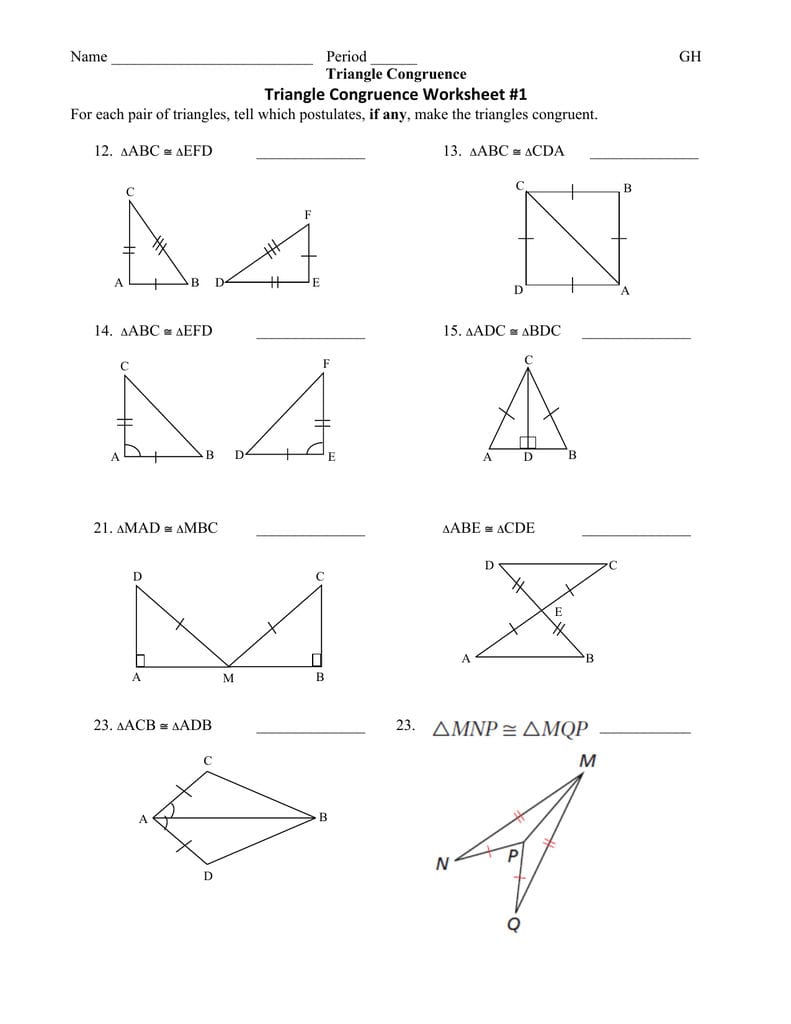 Triangle Congruence Worksheet Answers