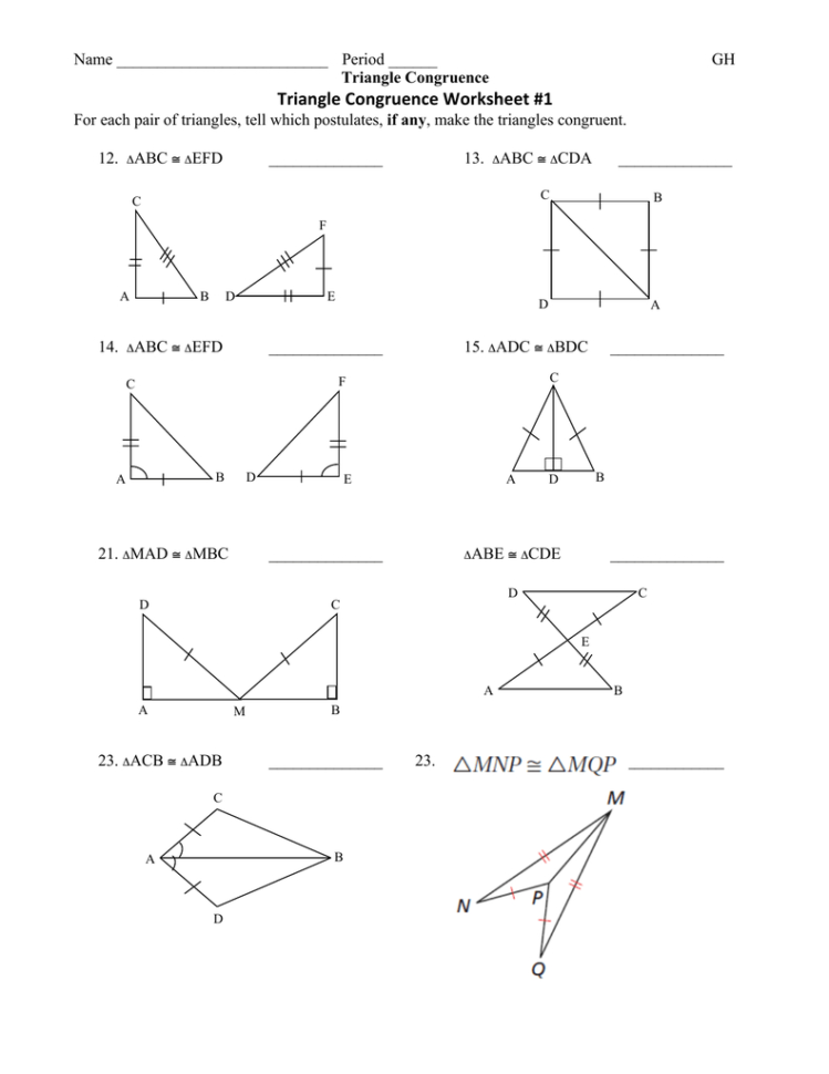Triangle Congruence Worksheet 1