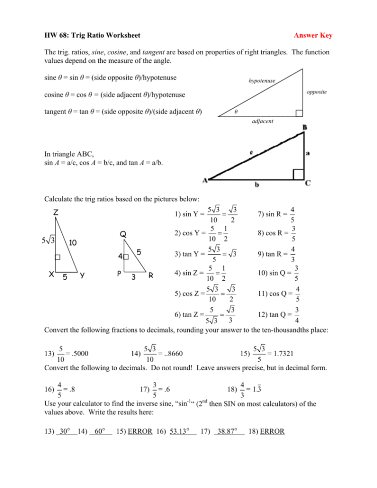 Trig Ratio Worksheet Answer Key The Trig Ratios Sine