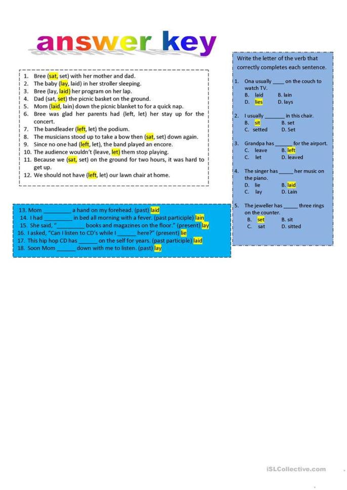 Troublesome Verbs Part 1 Lay Lie Set Let Leave