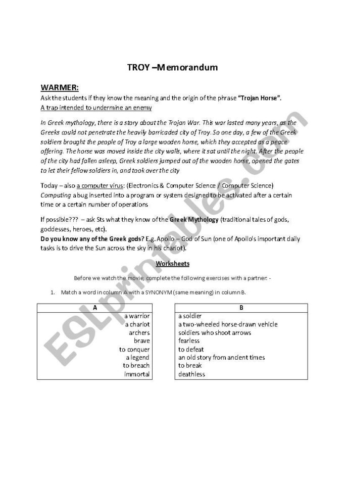 Troy Movie Lesson Memo  Answer Key  Esl Worksheetamaal