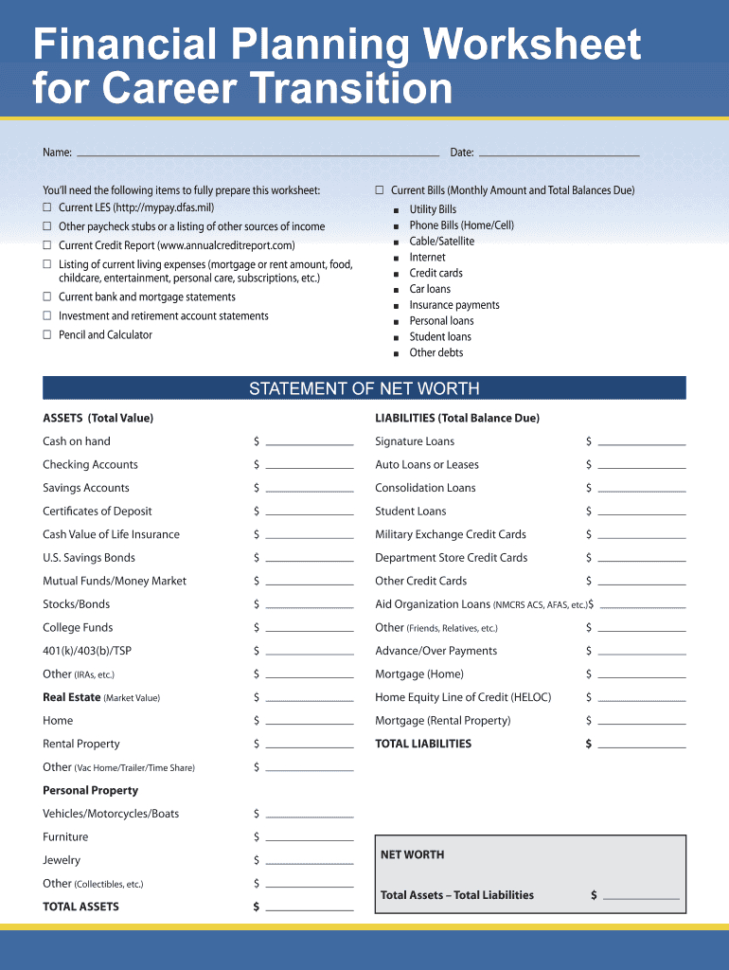 Turbotap Financial Planning Worksheet For Career Transition