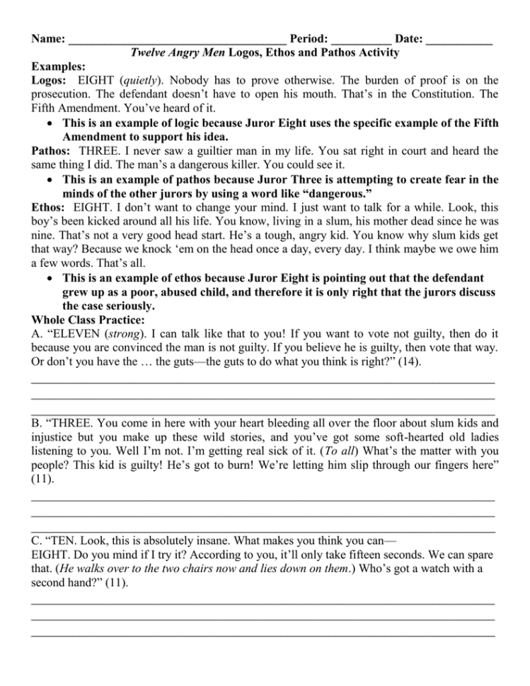 Twelve Angry Men Logos Ethos And Pathos Activity