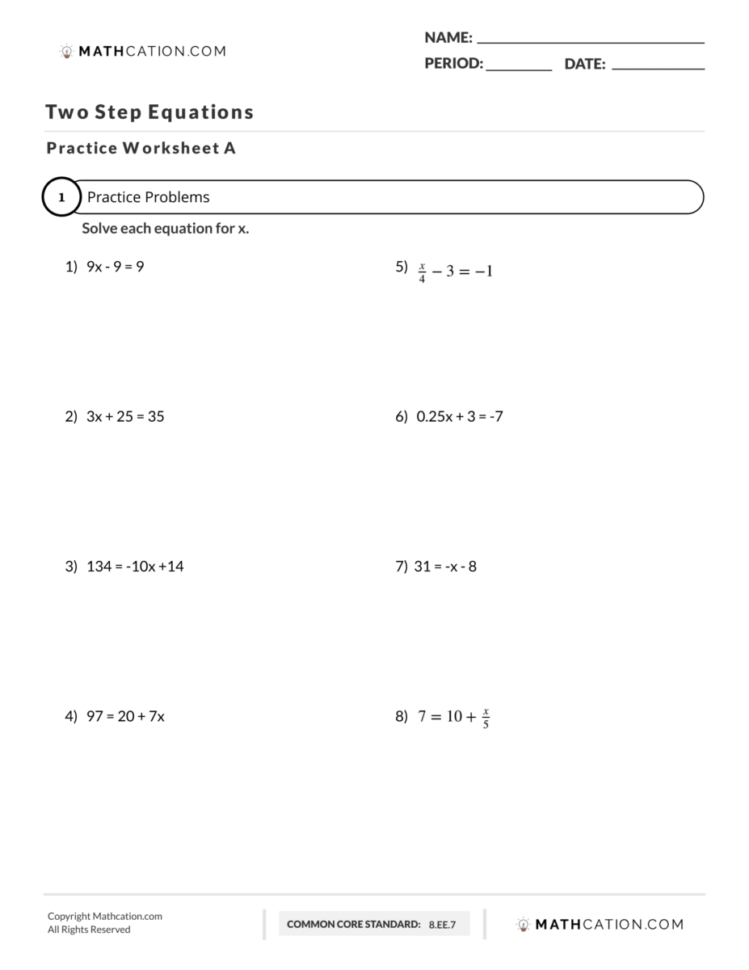 Two Step Equations Worksheet  Mathcation