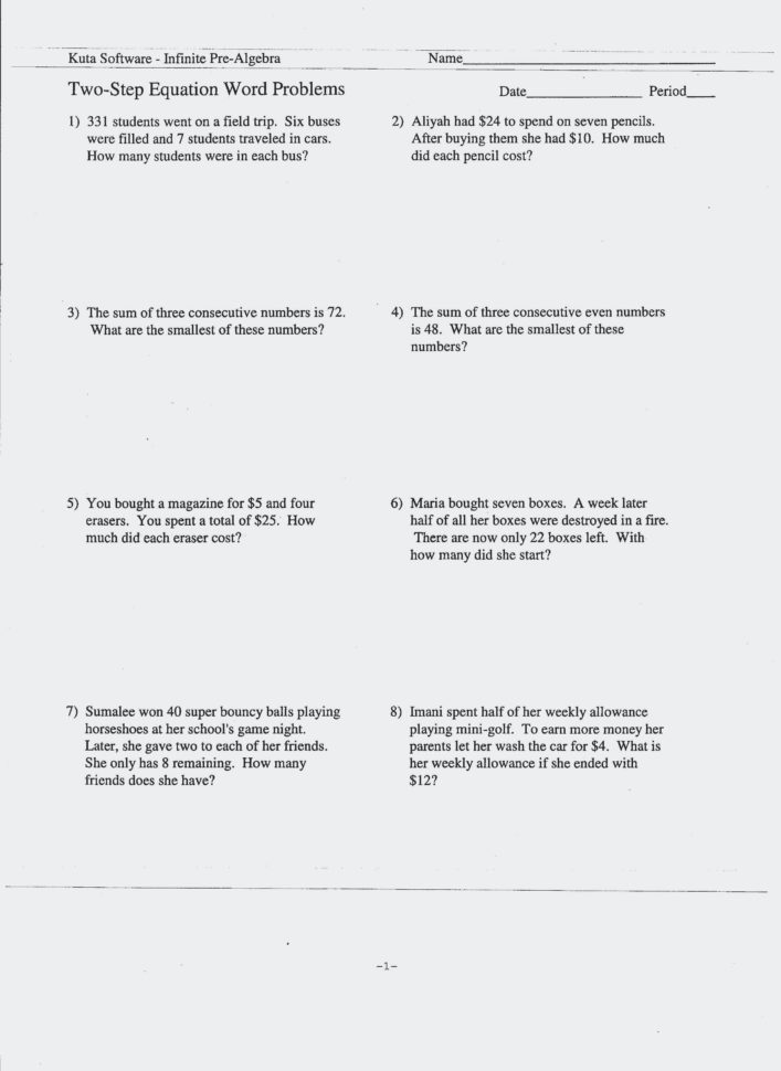 Two Step Word Problems Worksheets Two Step Equations Word