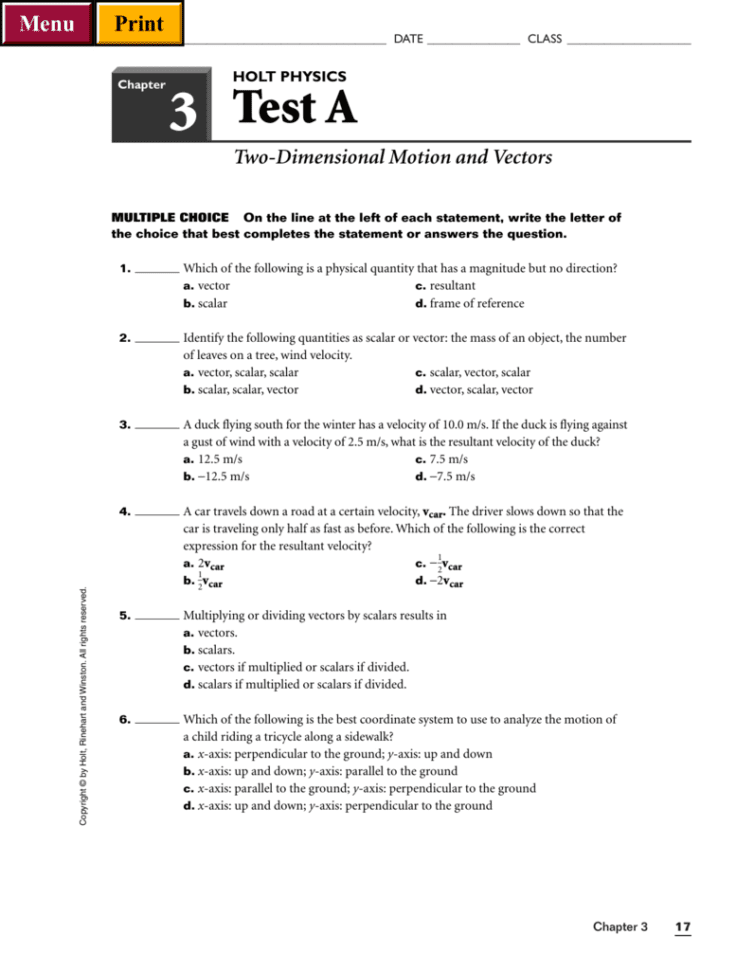 Twodimensional Motion And Vectors Test A