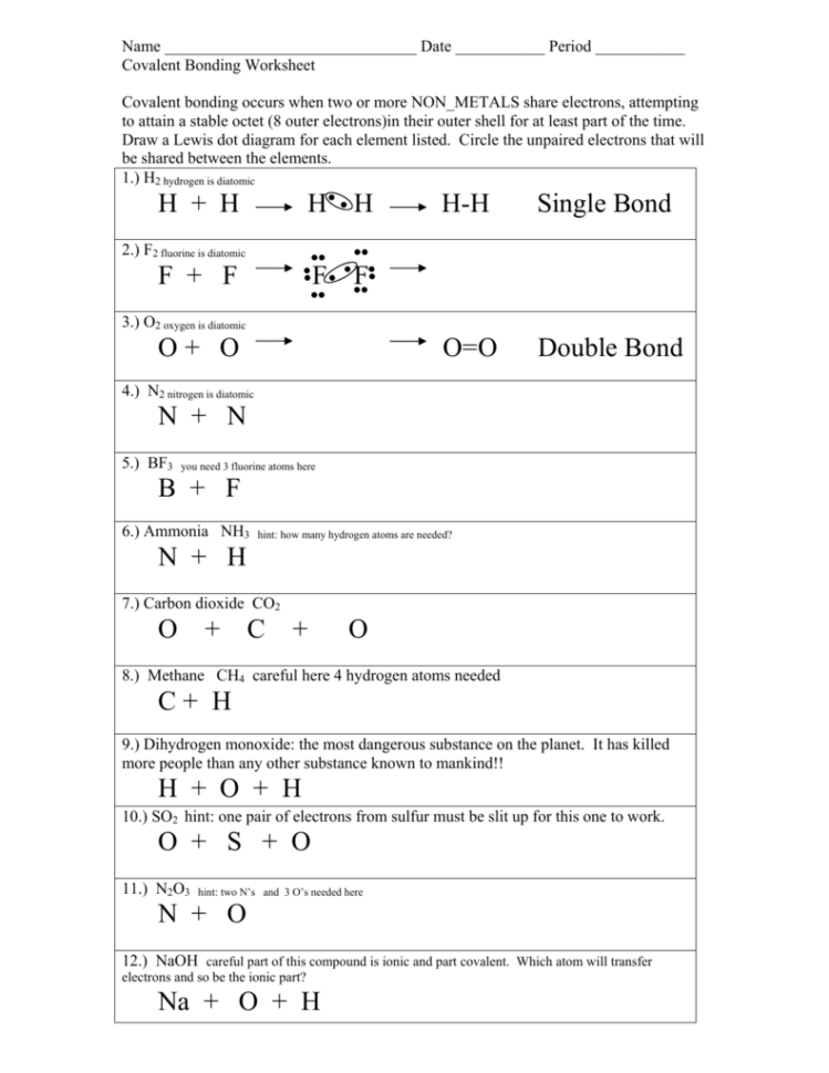 Types Of Chemical Bonds Worksheet