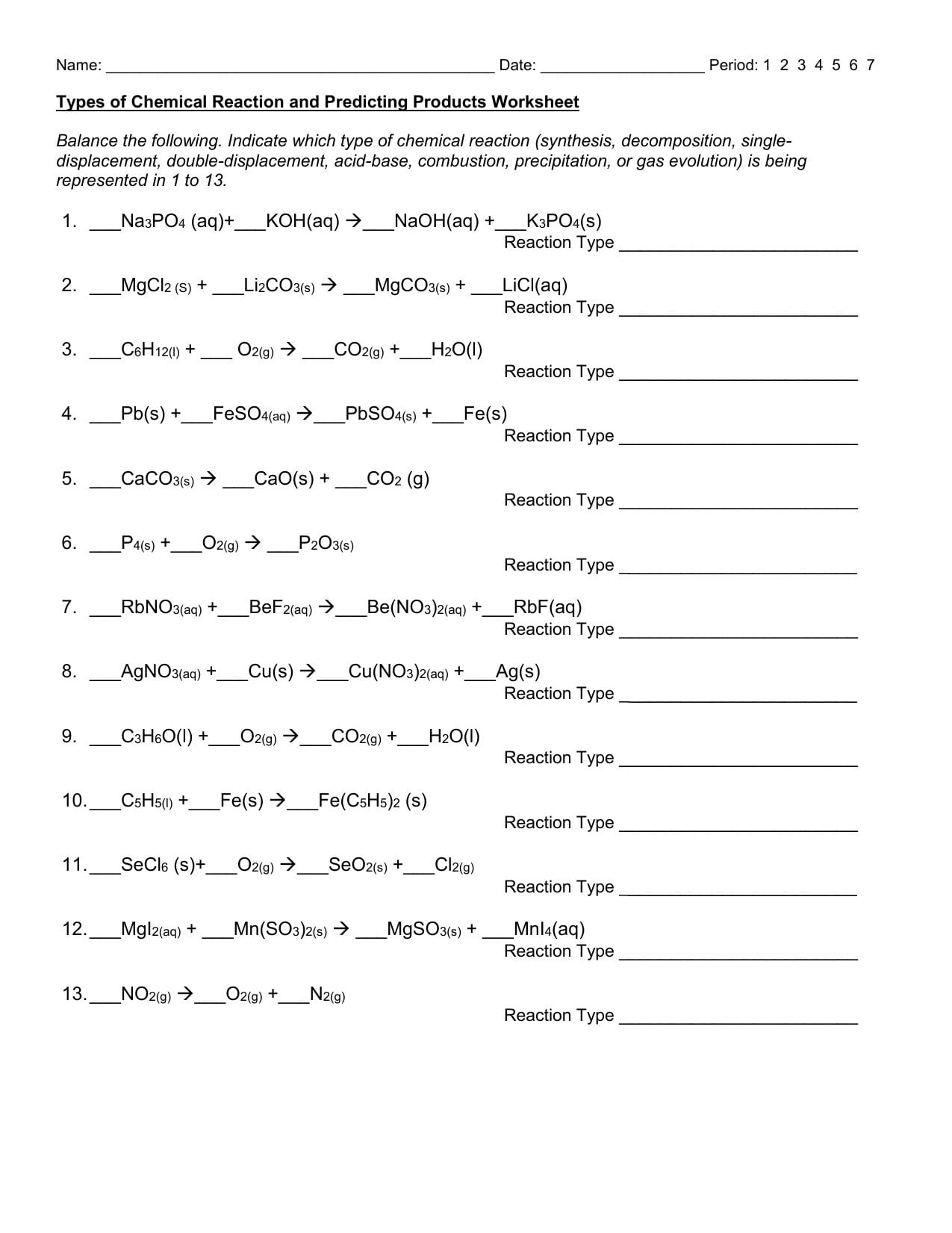 Types Of Chemical Reaction And Predicting Products Worksheet — db-excel.com