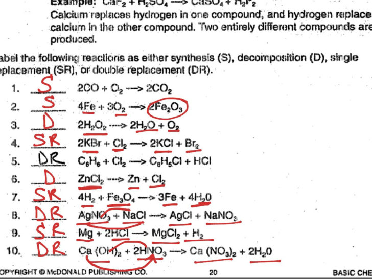 Identifying The 5 Types Of Chemical Reactions Worksheet Answers Key