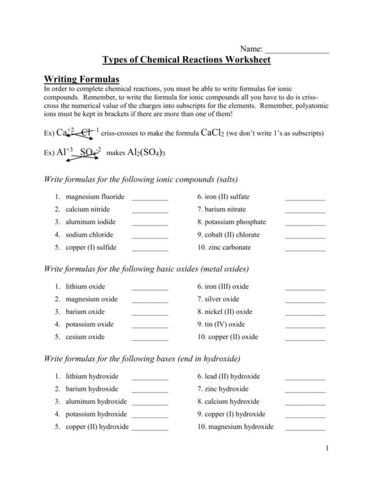 Types Of Chemical Reactions Worksheet