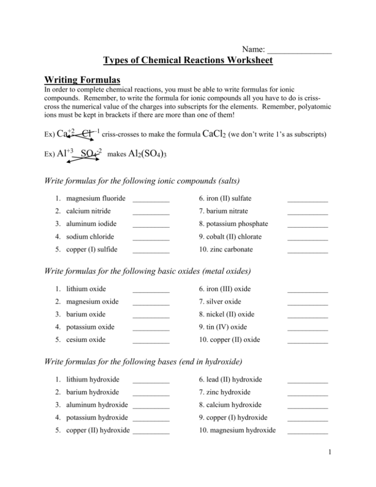 Classifying Chemical Reactions Worksheet Answers