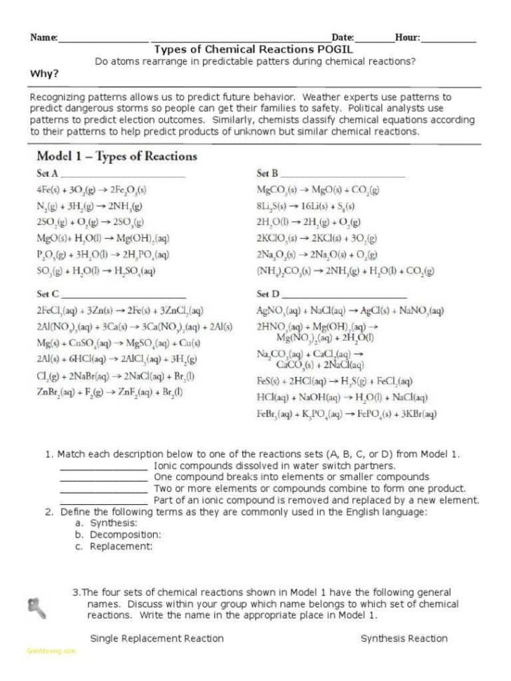 Types Of Chemical Reactions Worksheet Answer Key
