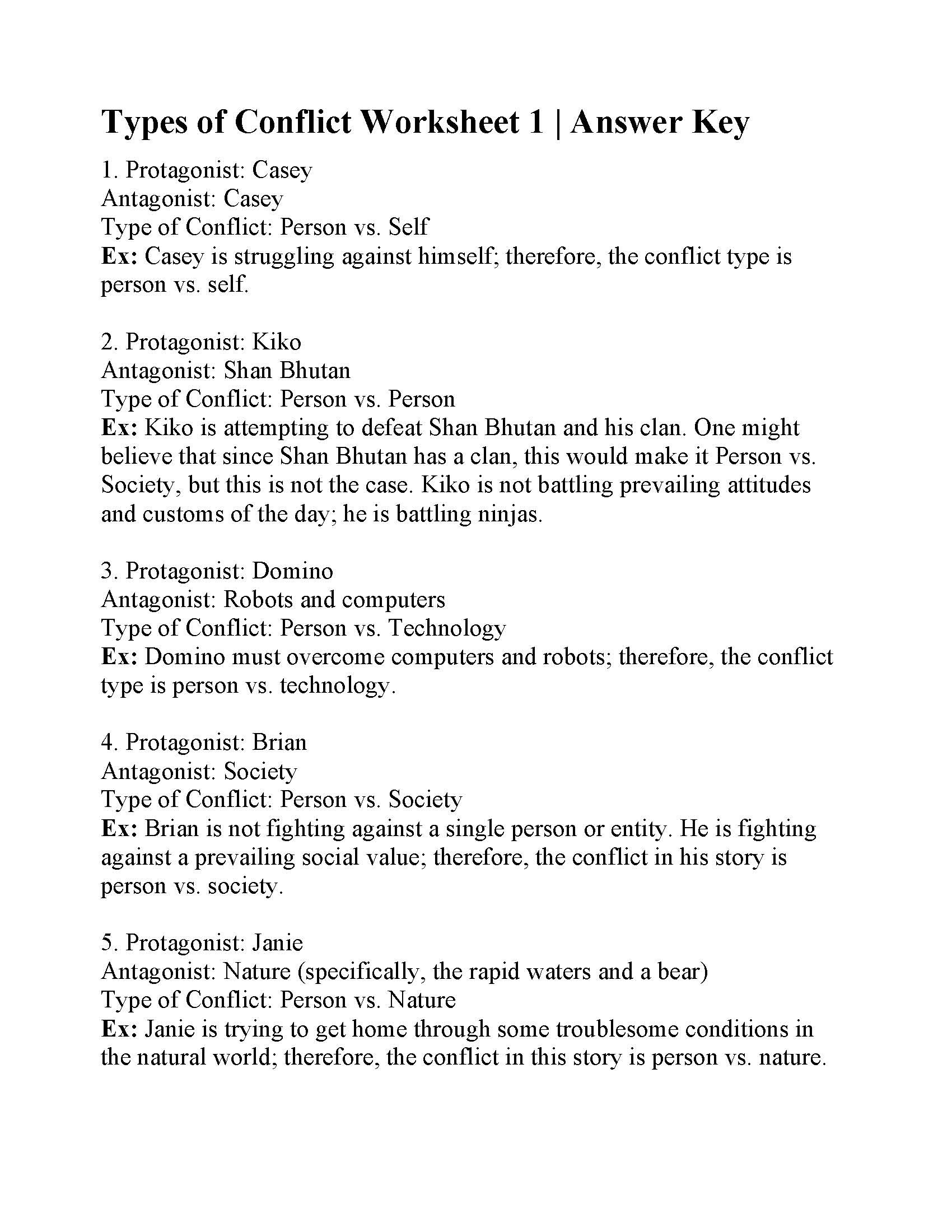 Types Of Conflict Worksheet 1  Answers