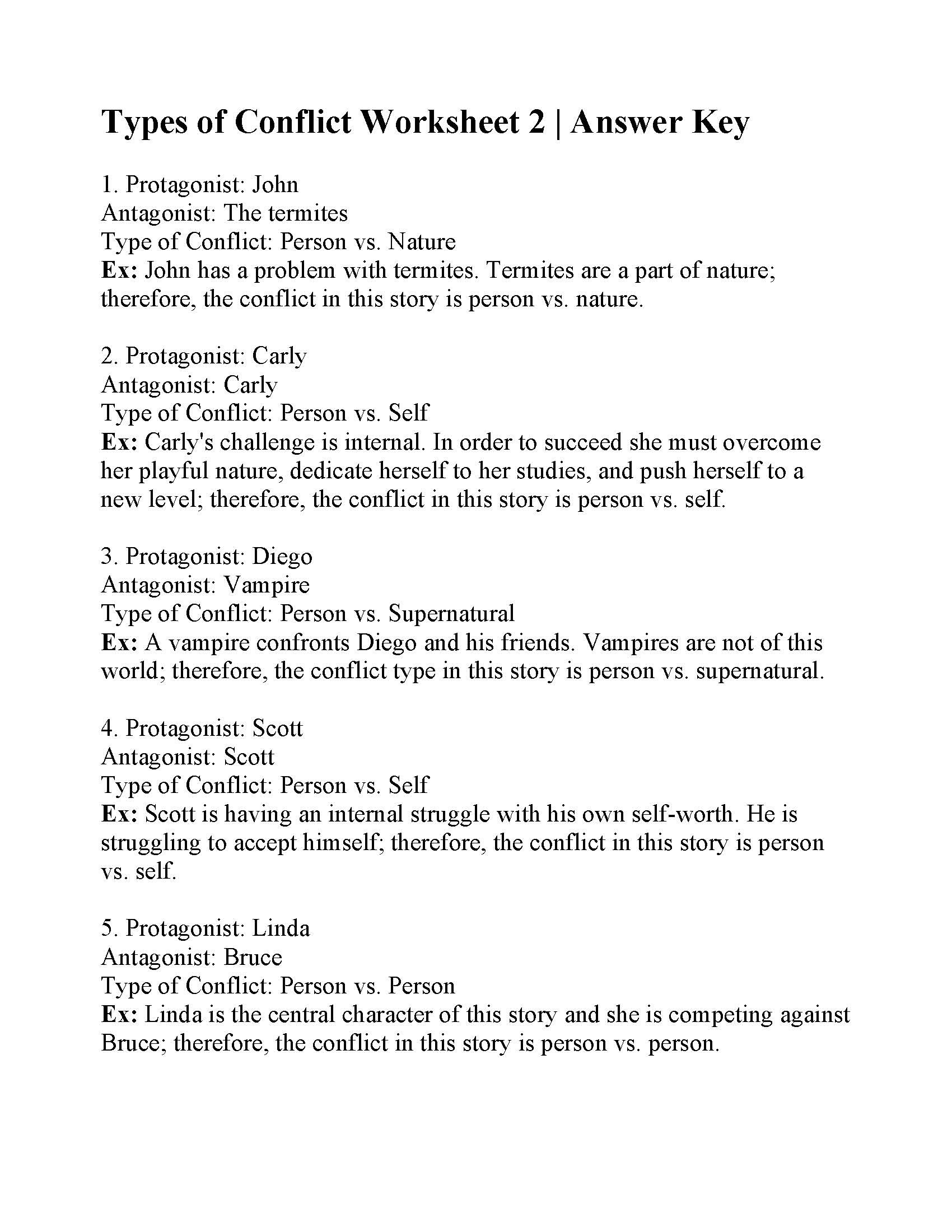 Types Of Conflict Worksheet 2  Answers