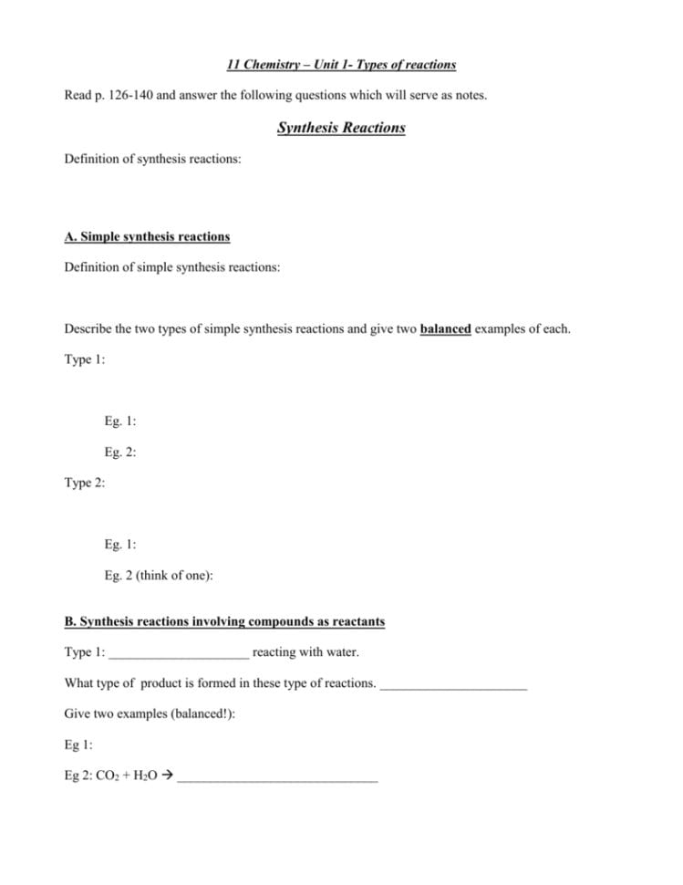 Types Of Reactions Worksheet