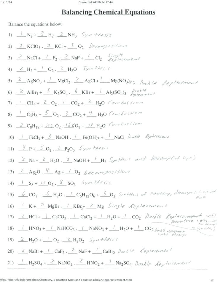 Types Of Reactions Worksheet Balance The Following