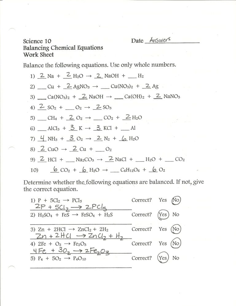 Types Of Reactions Worksheet Balance The Following — db-excel.com