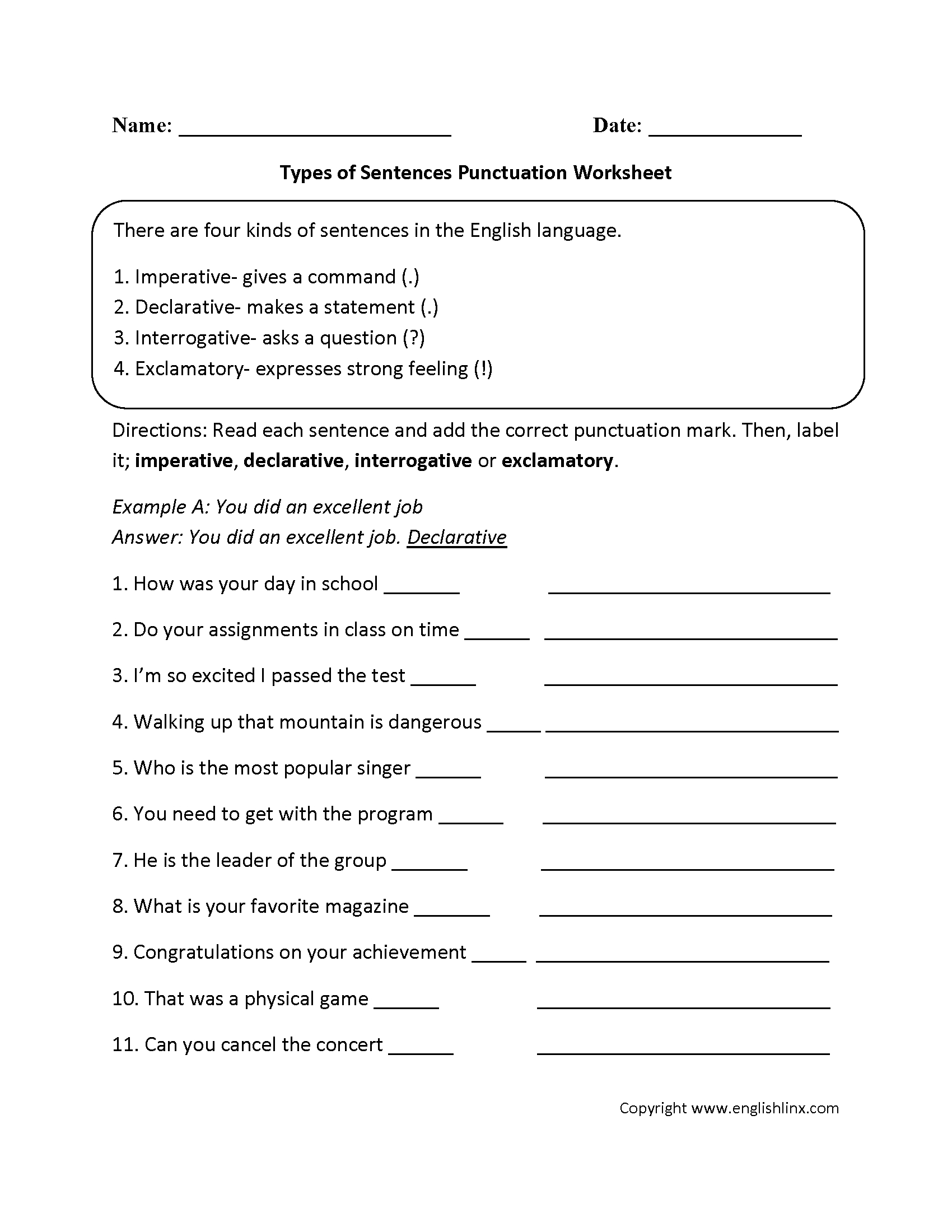 Types Of Sentences Worksheets  Types Of Sentences With