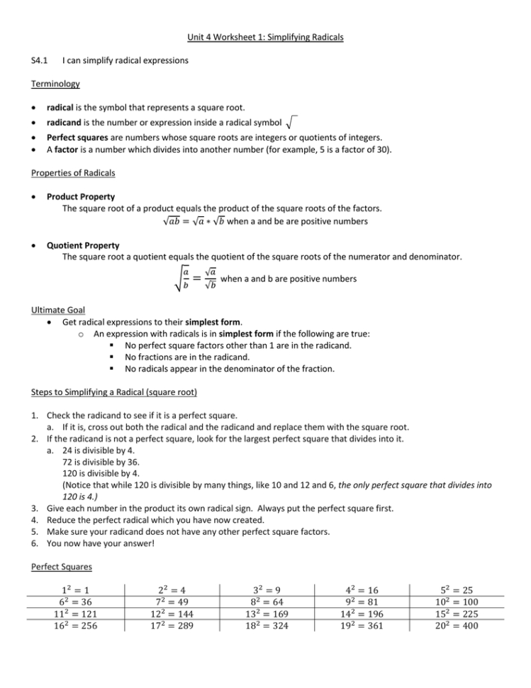 U4 Ws1 Radical Expressions