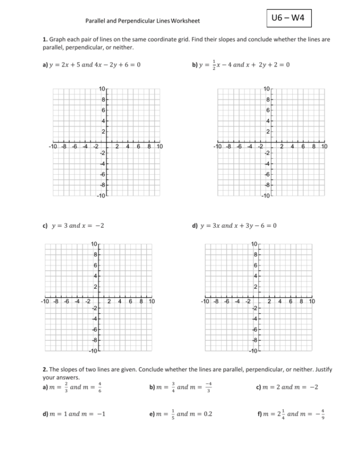 U6 – W4 Parallel And Perpendicular Lines Worksheet 1 Graph Each