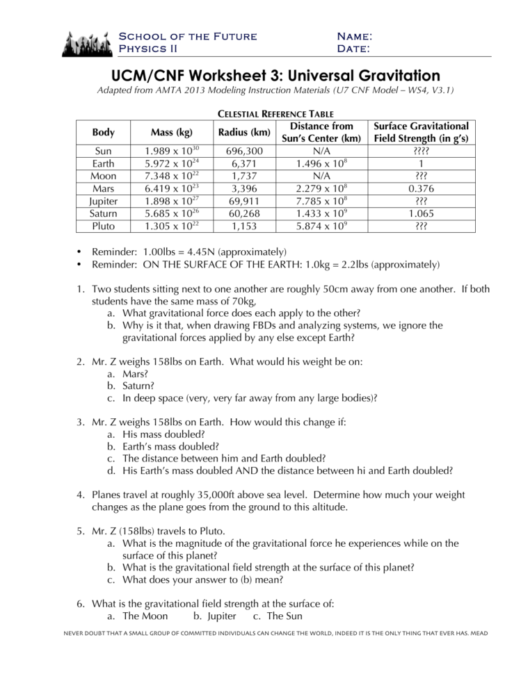 Ucmcnf Worksheet 3 Universal Gravitation