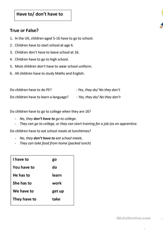 Uk Schools  Grammar 'to Have To'  English Esl Worksheets
