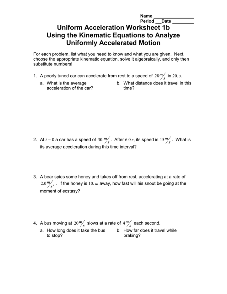 Uniform Acceleration Worksheet 1B Using The Kinematic