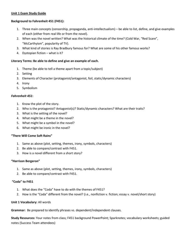 Unit 1 Exam Study Guide Background To Fahrenheit 451 F451