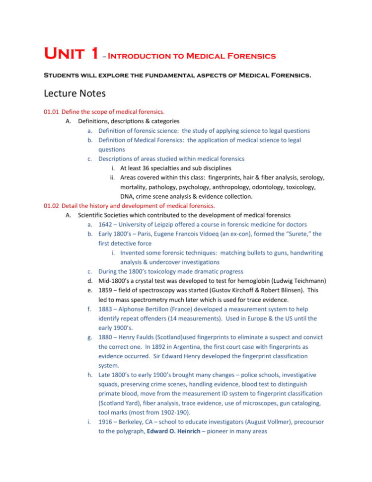 Unit 1 – Introduction To Medical Forensics Students Will