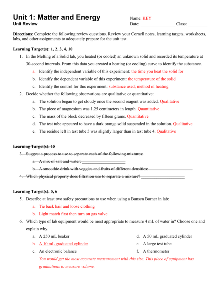 Unit 1 Matter And Energy Review Ws Answers