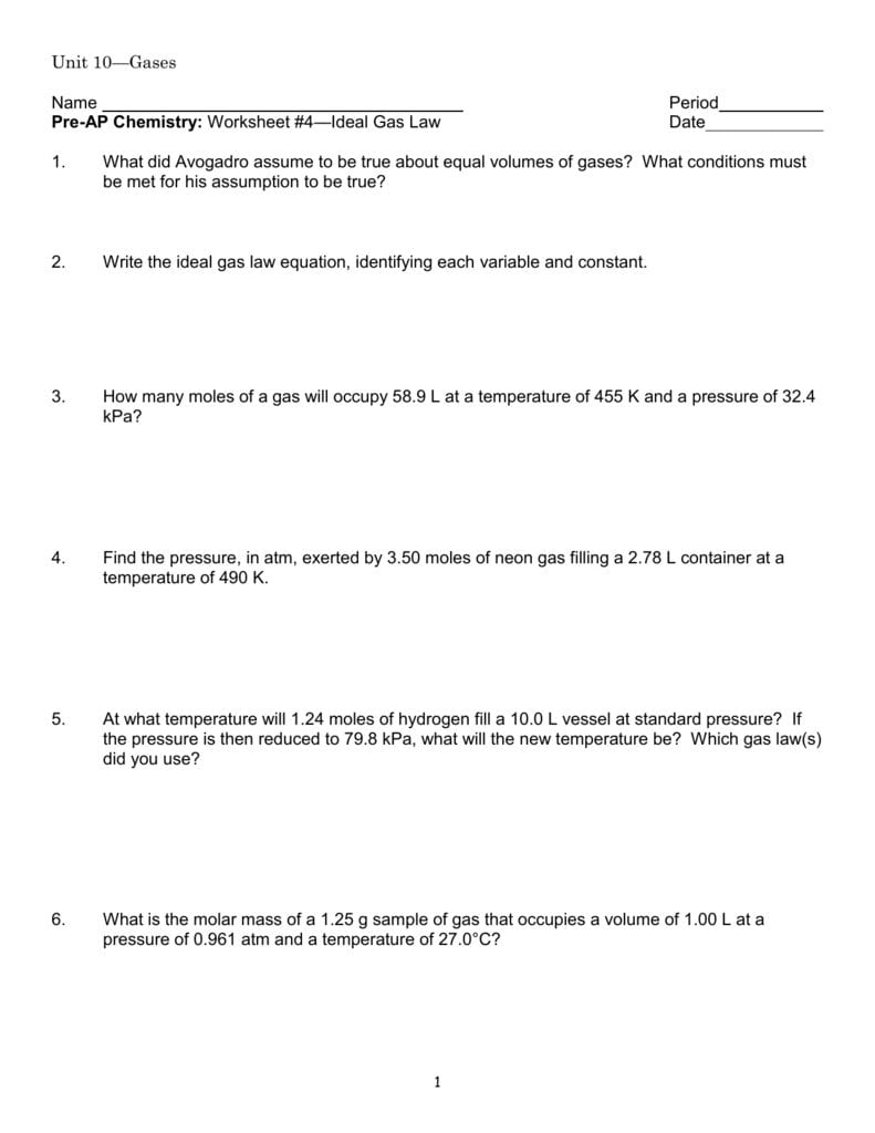 Unit 10—Gases Name Period Preap Chemistry Worksheet 4