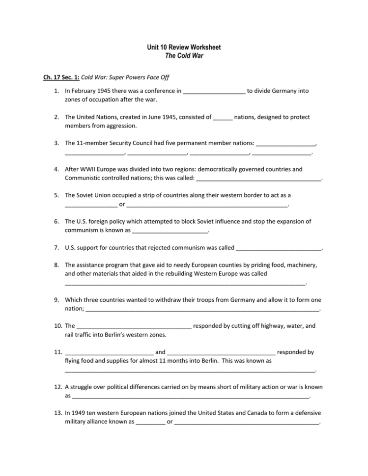 Unit 10 Review Worksheet The Cold R