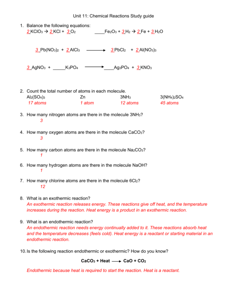 Unit 11 Chemical Reactions Study Guide Balance The Following
