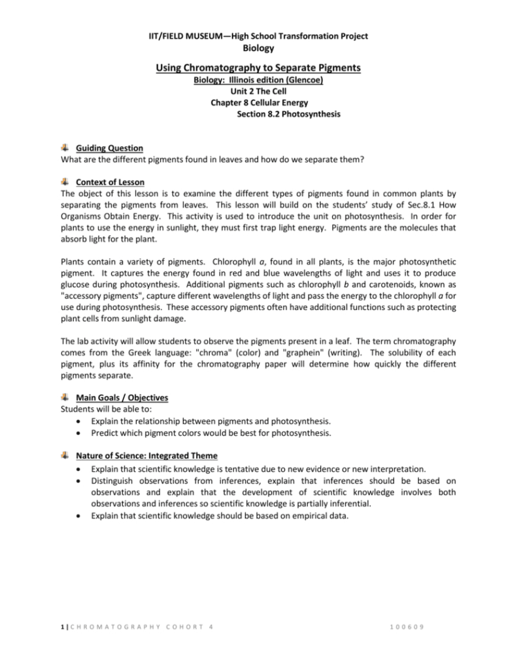 Unit 2 Ch 8  Using Chromatography To Separate Pigments