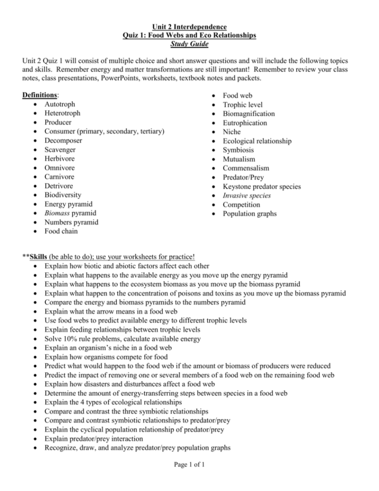 Unit 2 Interdependence Quiz 1 Food Webs And Eco Relationships