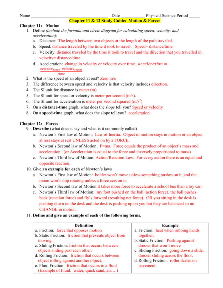 Unit 2 Motion And Forces Study Guide With Answers