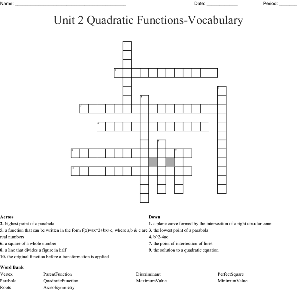 Unit 2 Quadratic Functionsvocabulary Crossword  Word