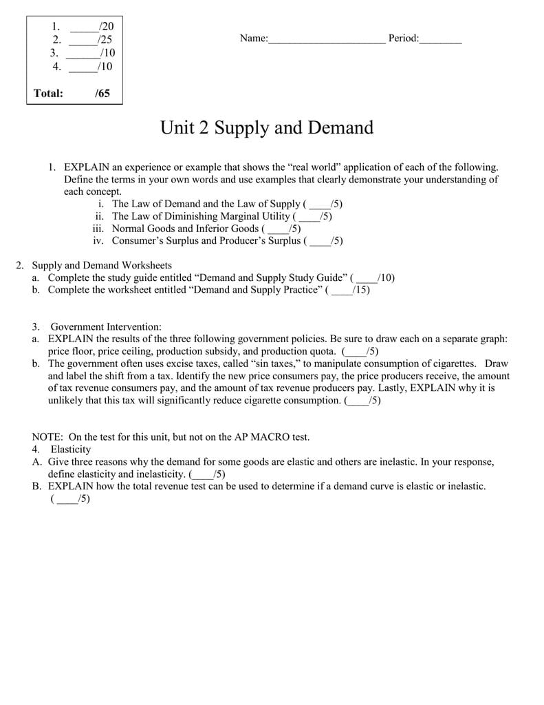 Free Supply And Demand Worksheets