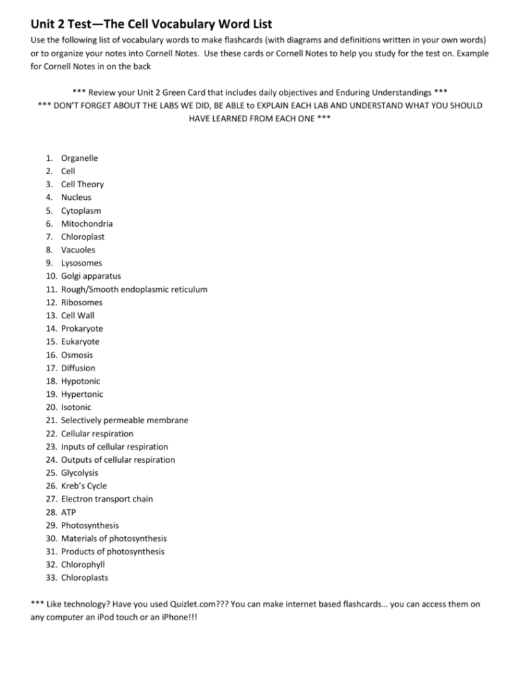 Unit 2 Test—The Cell Vocabulary Word List
