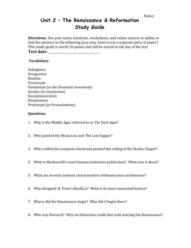 Unit 2 – The Renaissance  Reformation Study Guide
