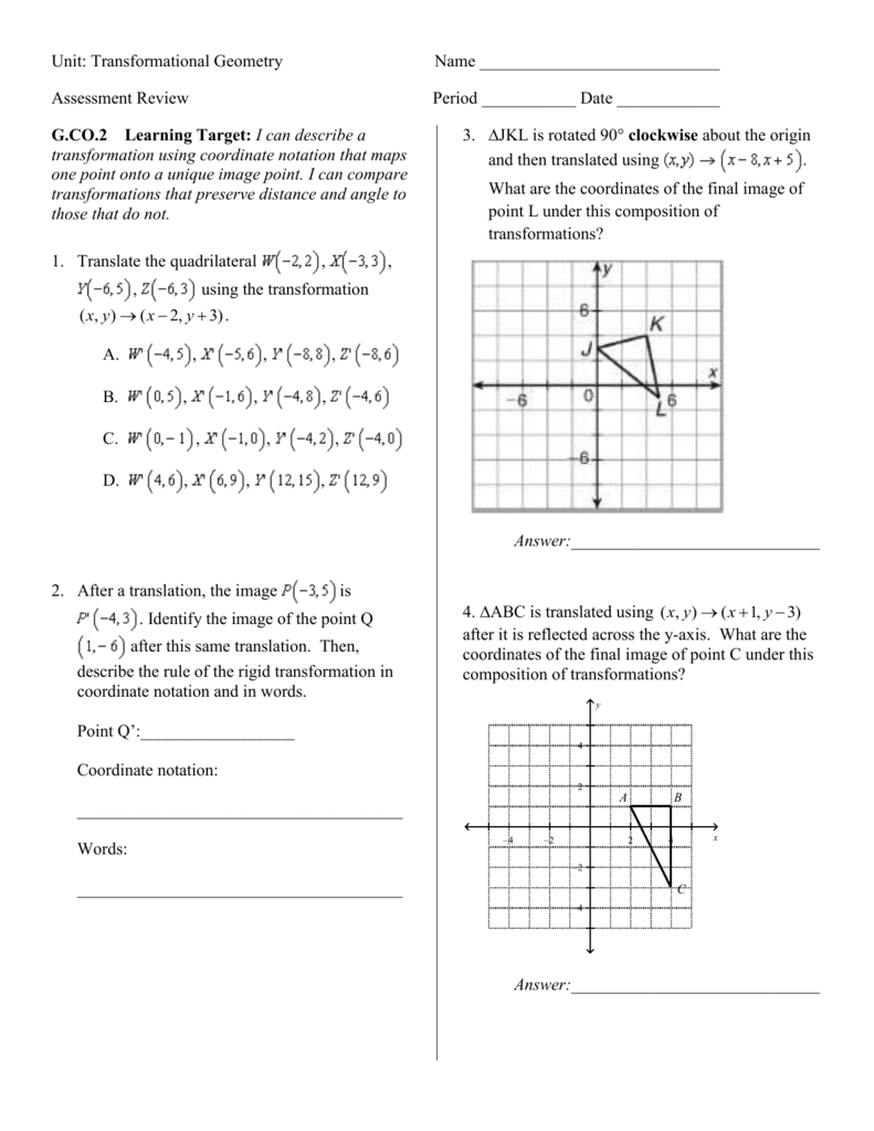 Unit 2 Transformations Geometry Honors