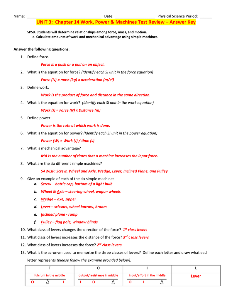 Unit 3 Chapter 14 Work Power  Machines Test Review – Answer
