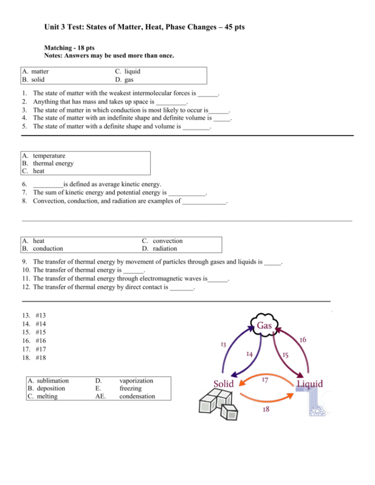 Unit 3 Test States Of Matter Heat Phase Changes – 45 Pts