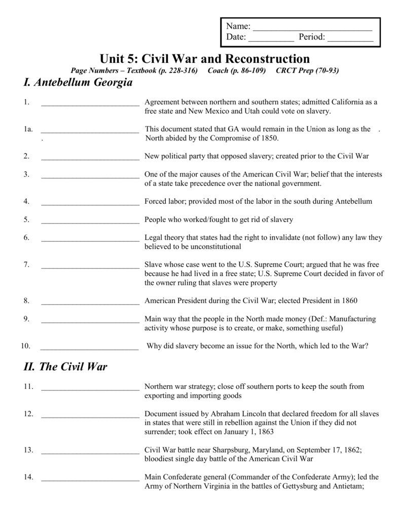 Civil War Worksheets