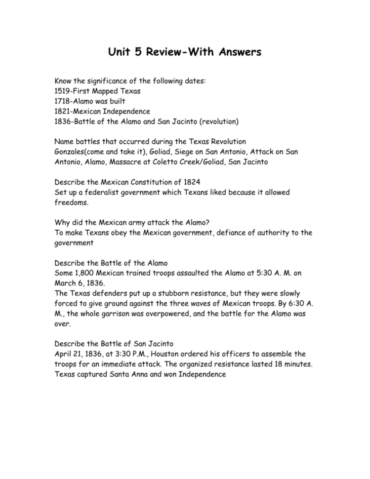 Unit 5 Review With Answers