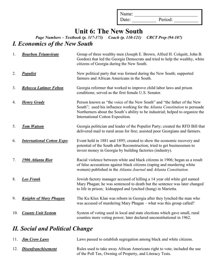 Unit 6 Almost There – The New South – Study Guide Answer Key