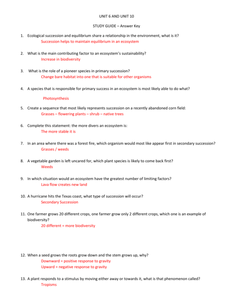 Unit 6 And Unit 10 Study Guide – Answer Key Ecological