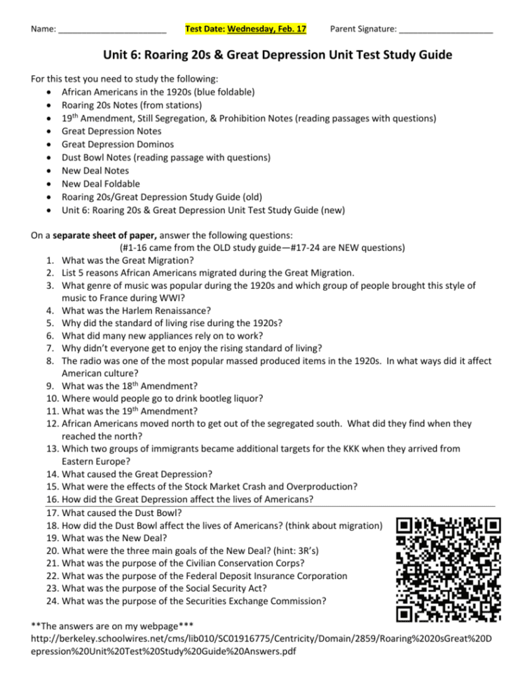 Unit 6 Roaring 20S  Great Depression Unit Test Study Guide