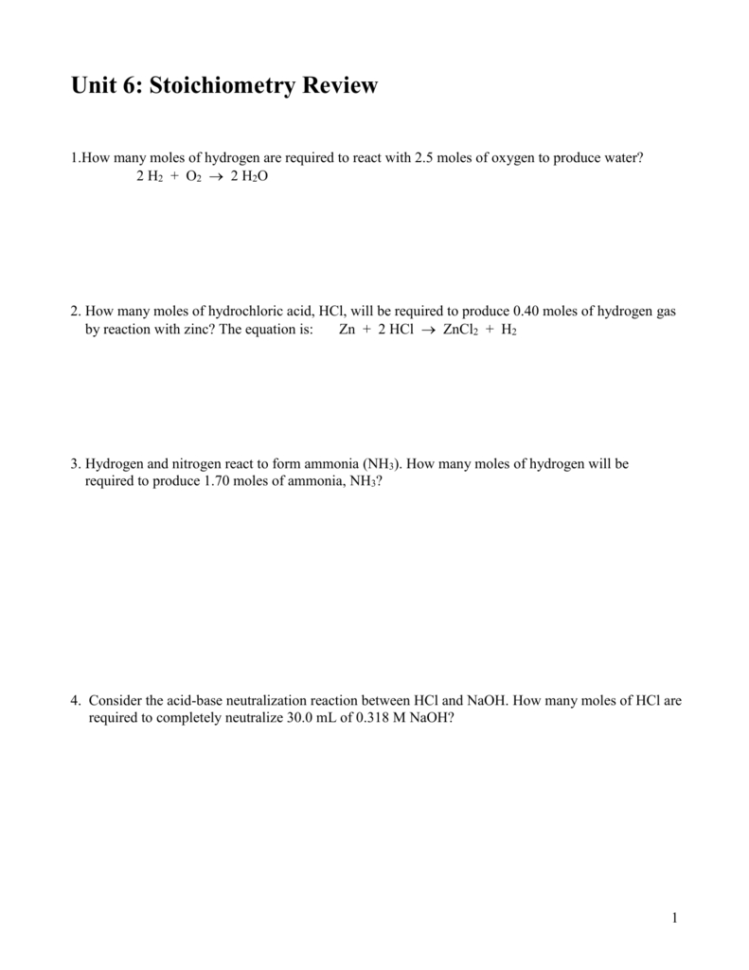 Unit 6 Stoichiometry Review